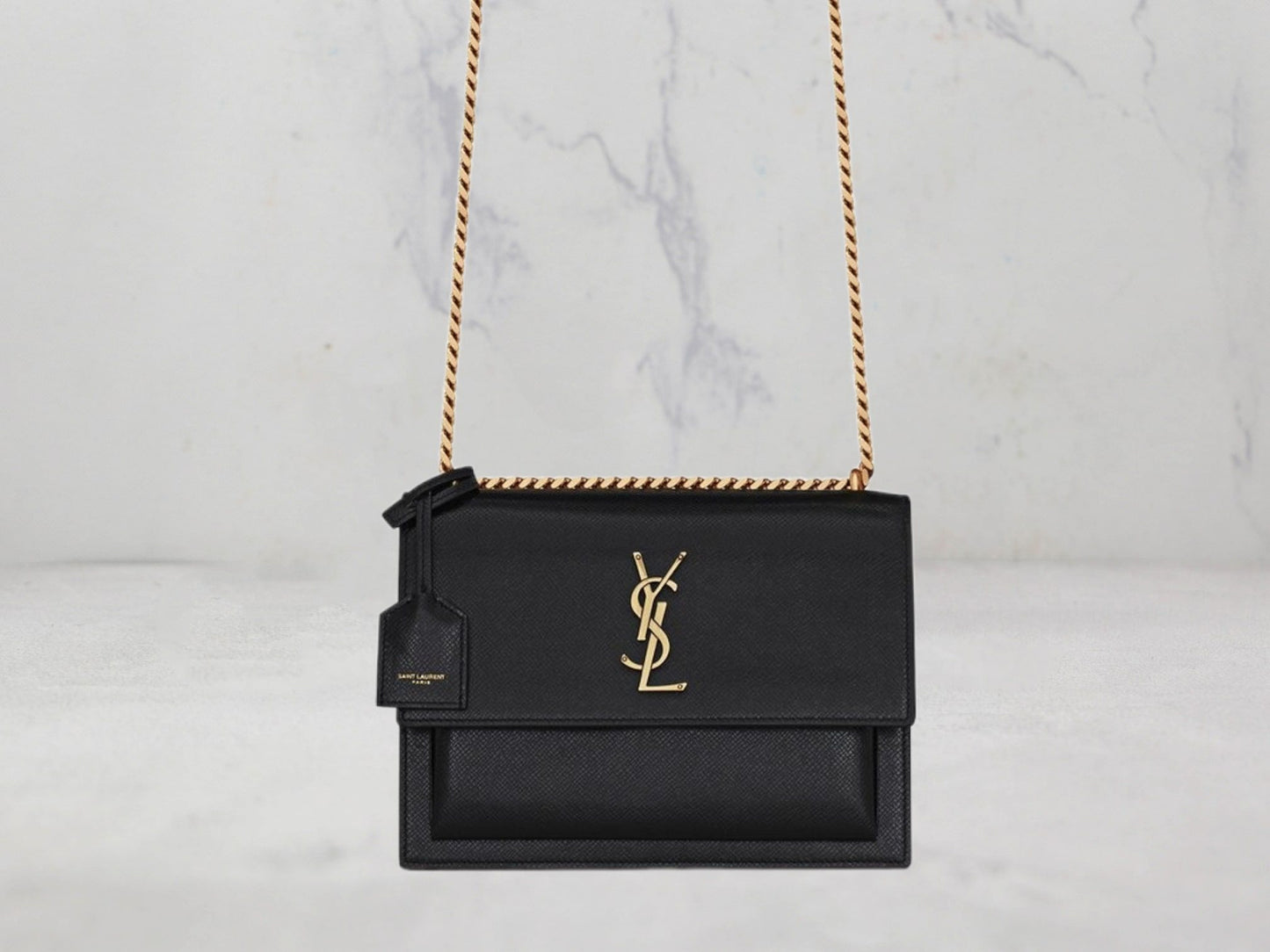 SAC Saint Laurent SUNSET MEDIUM CHAIN BAG EN CUIR ENDUIT EFFET ÉCORCE Or