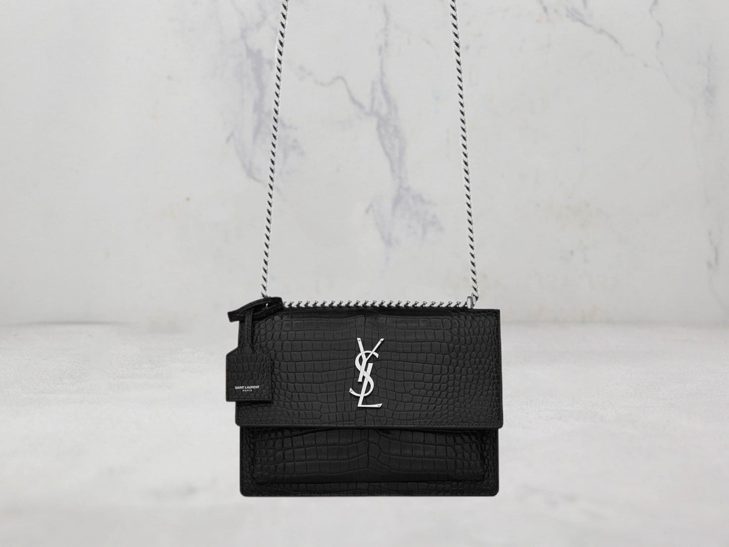 SAC Saint Laurent SUNSET MEDIUM CHAIN BAG BRILLANT EMBOSSÉ CROCODILE