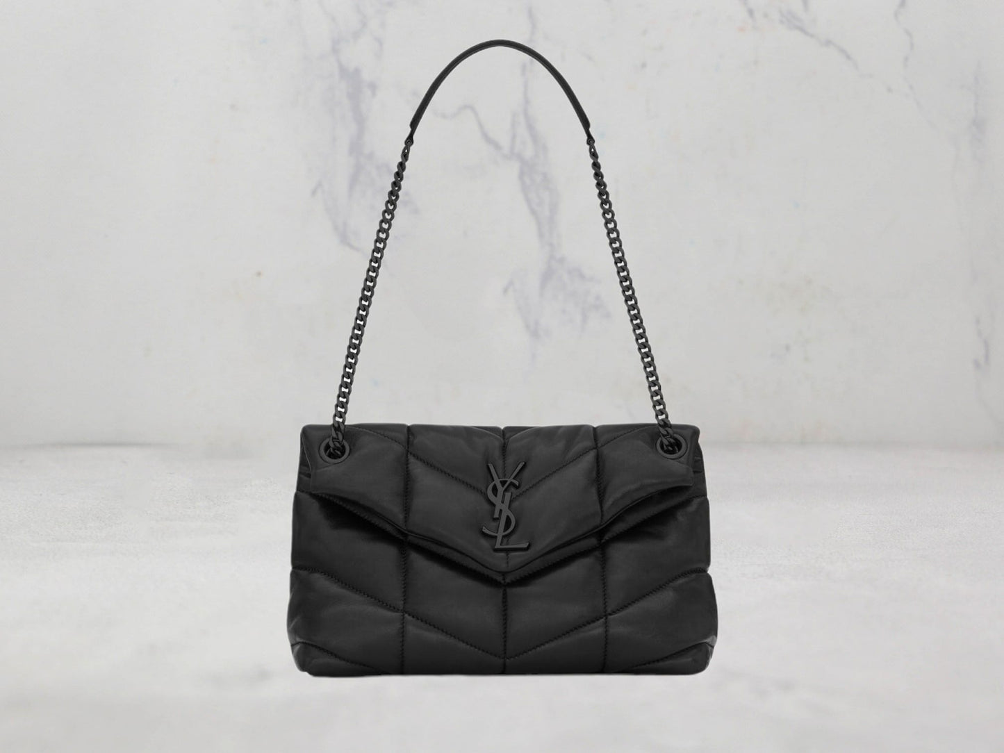 SAC Saint Laurent PUFFER SMALL CHAIN BAG MATELASSÉ Logo Noir