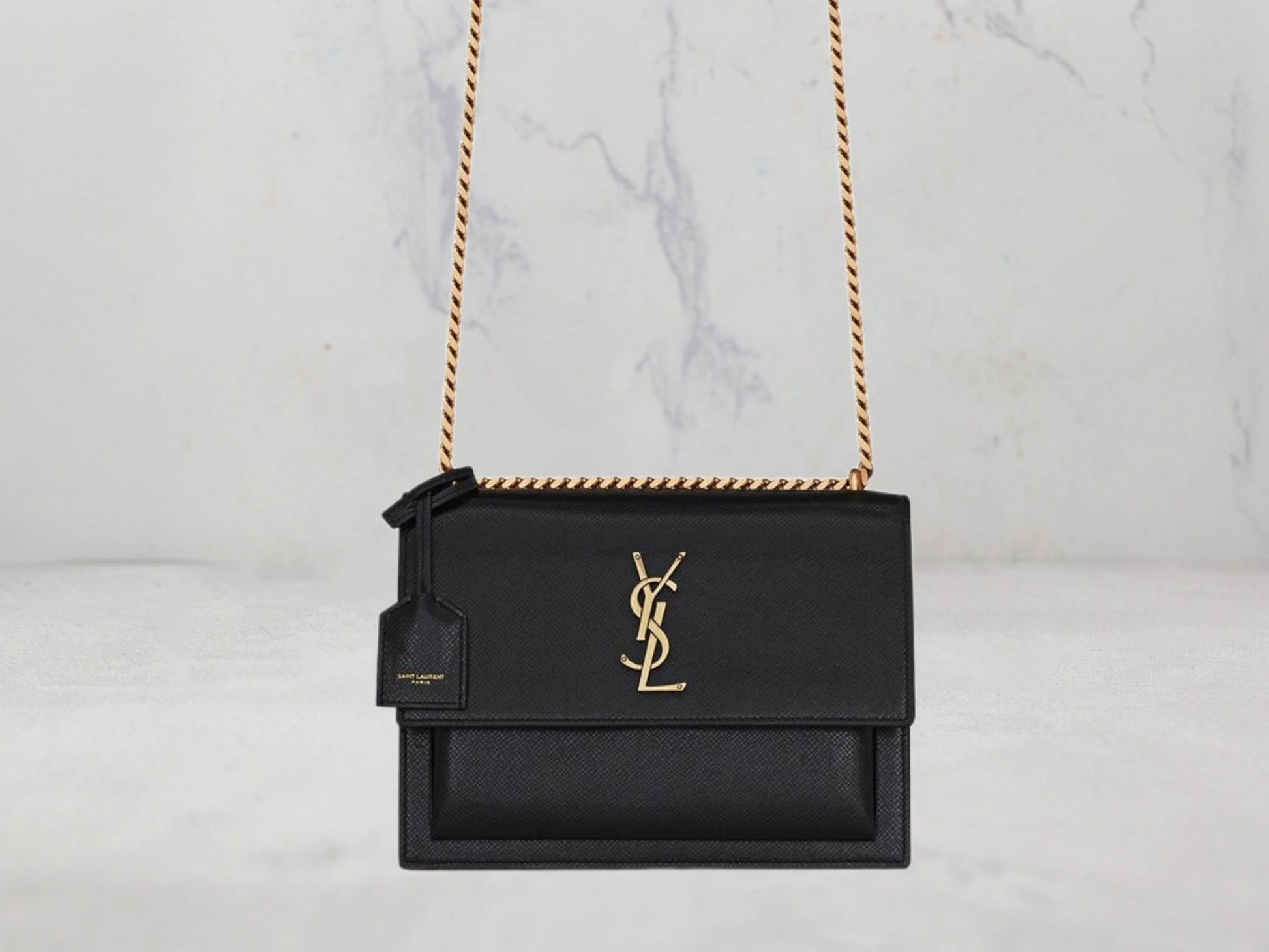 SAC Saint Laurent SUNSET MEDIUM CHAIN BAG EN CUIR ENDUIT EFFET ÉCORCE Or