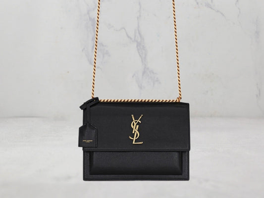 SAC Saint Laurent SUNSET MEDIUM CHAIN BAG EN CUIR ENDUIT EFFET ÉCORCE Or