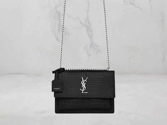 SAC Saint Laurent SUNSET MEDIUM CHAIN BAG BRILLANT EMBOSSÉ CROCODILE