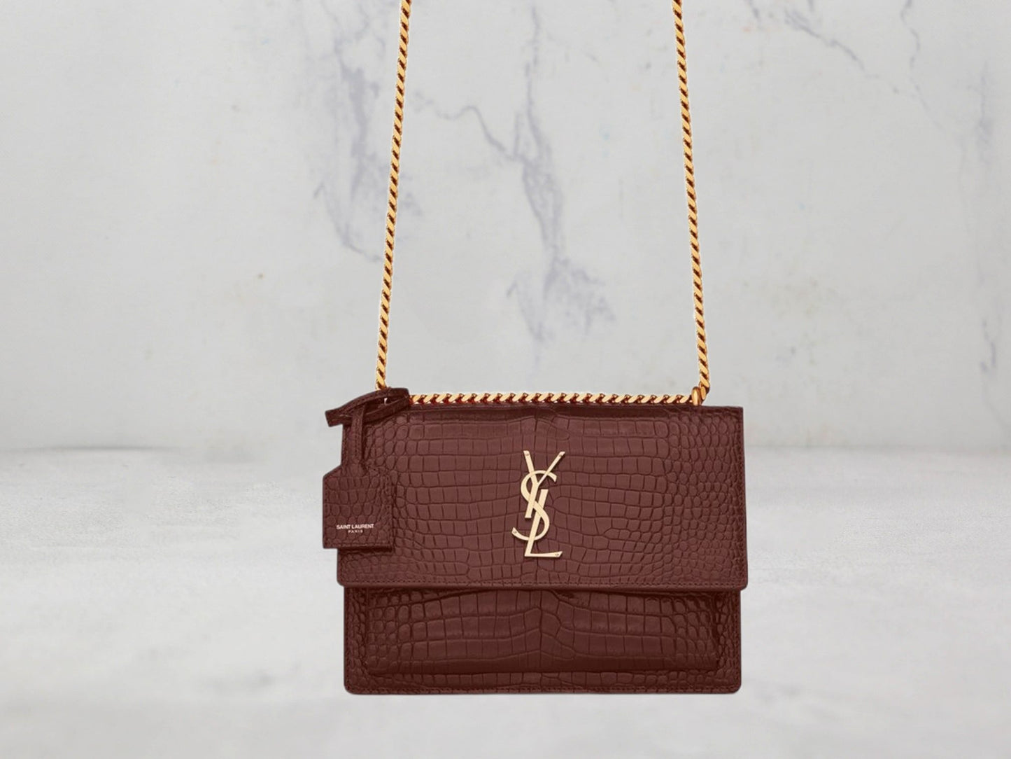 SAC Saint Laurent SUNSET MEDIUM CHAIN BAG EN CUIR BRILLANT EMBOSSÉ CROCODILE - Noir