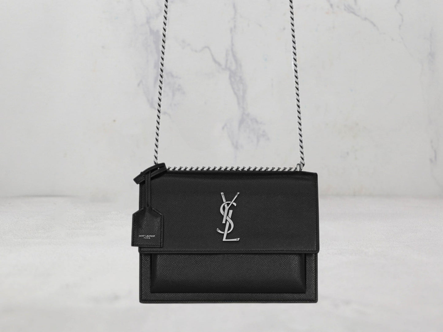 SAC Saint Laurent SUNSET MEDIUM CHAIN BAG EN CUIR ENDUIT EFFET ÉCORCE Argent