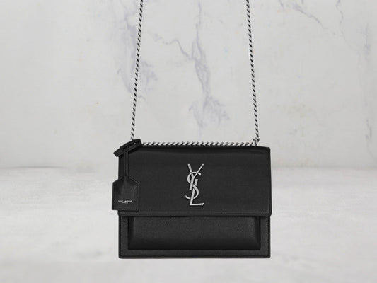 SAC Saint Laurent SUNSET MEDIUM CHAIN BAG EN CUIR ENDUIT EFFET ÉCORCE Argent